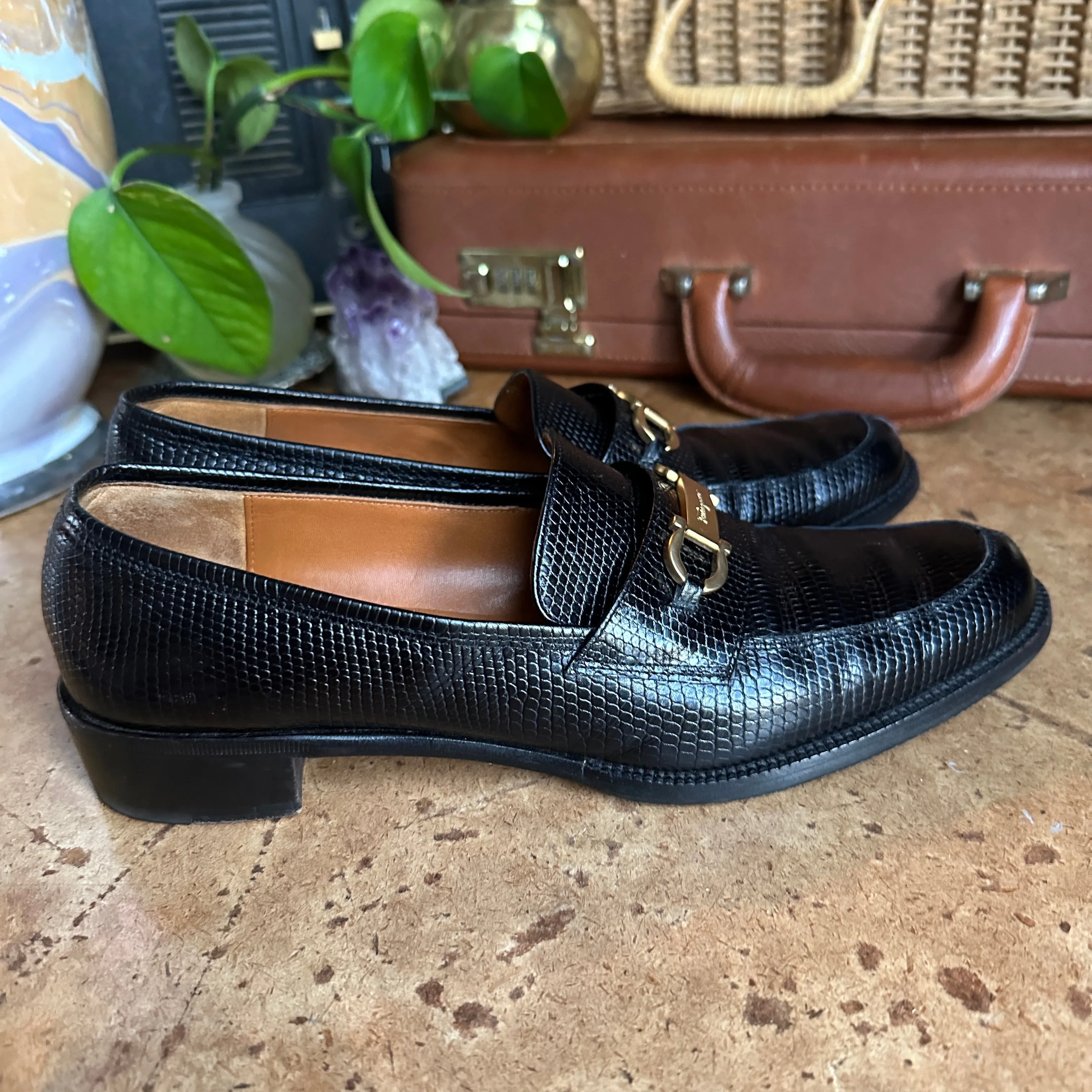 Black Snakeskin Print Leather Women’s “Salvatore Ferragamo” Loafers