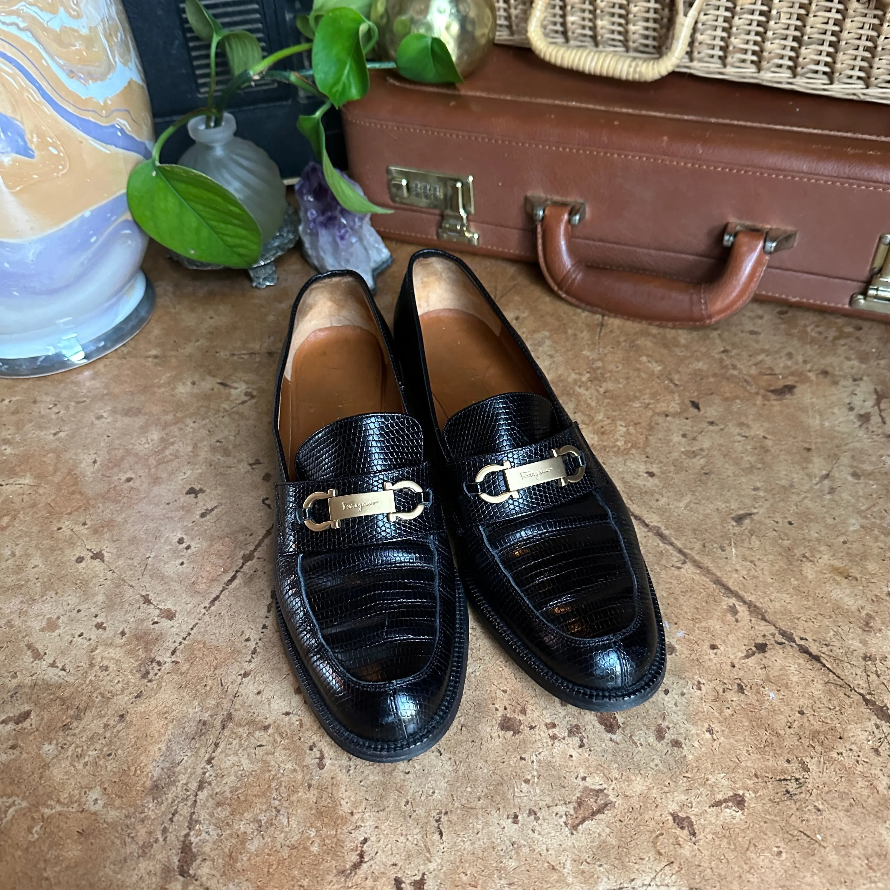 Black Snakeskin Print Leather Women’s “Salvatore Ferragamo” Loafers