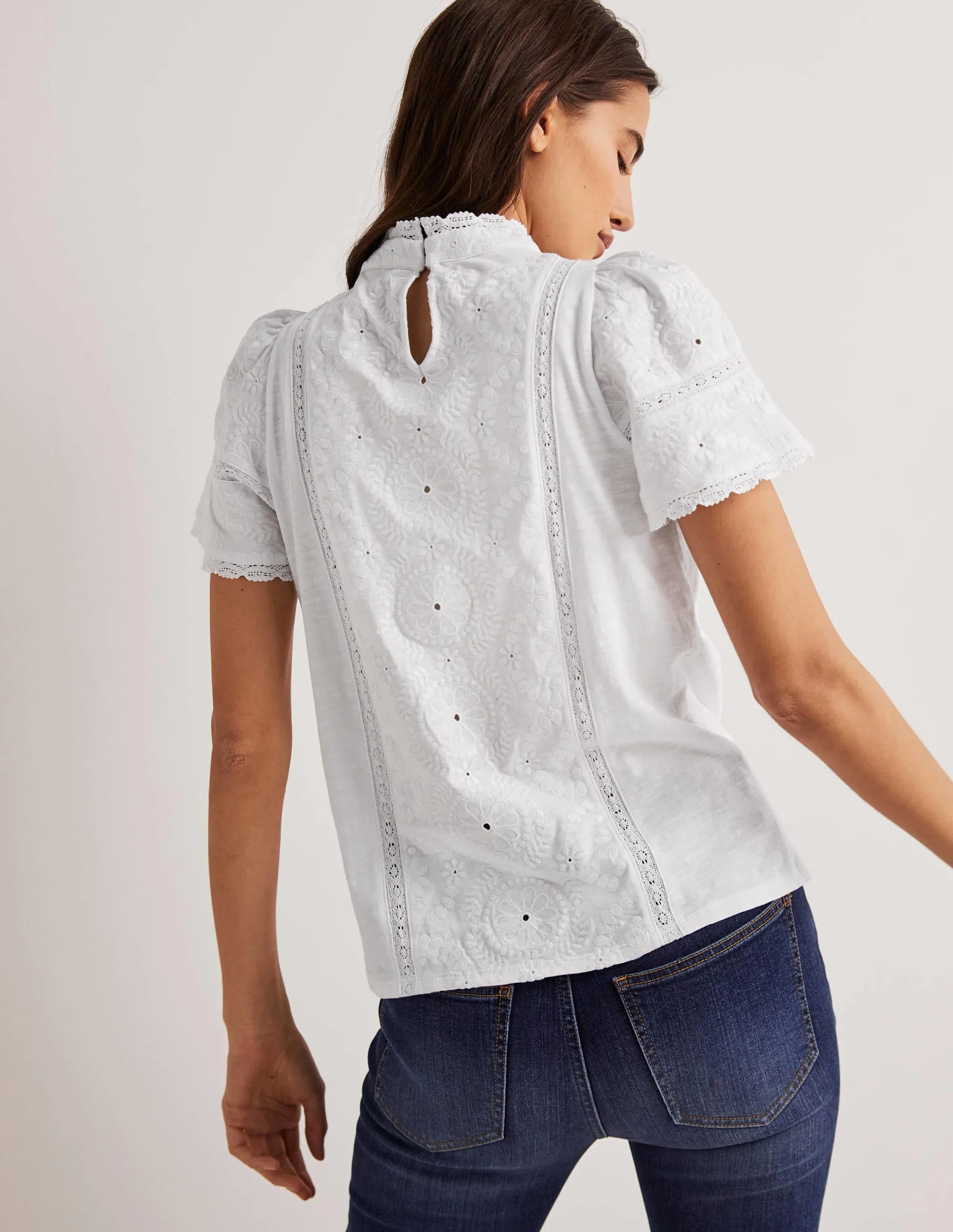 Broderie High Neck Jersey Top-White