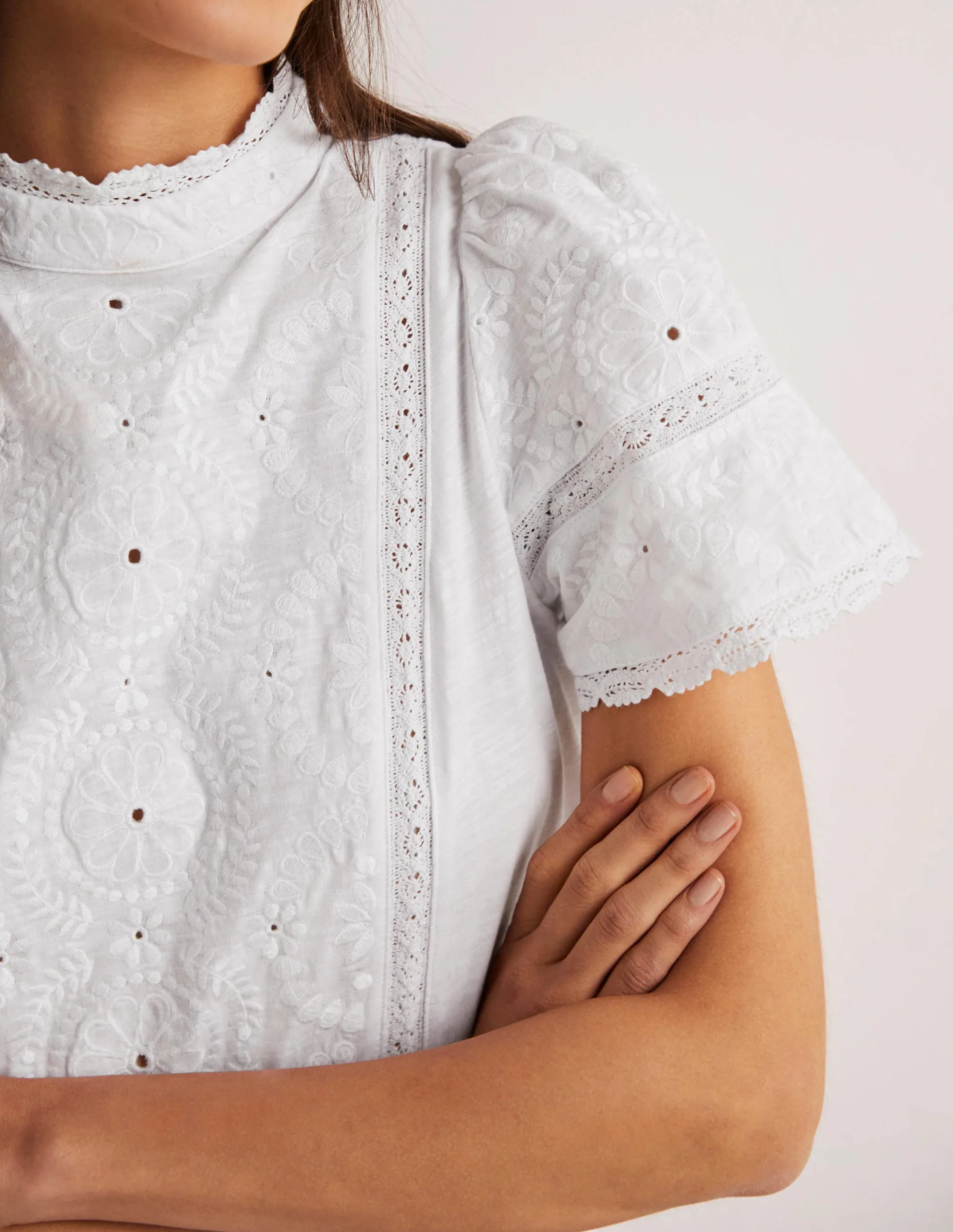 Broderie High Neck Jersey Top-White