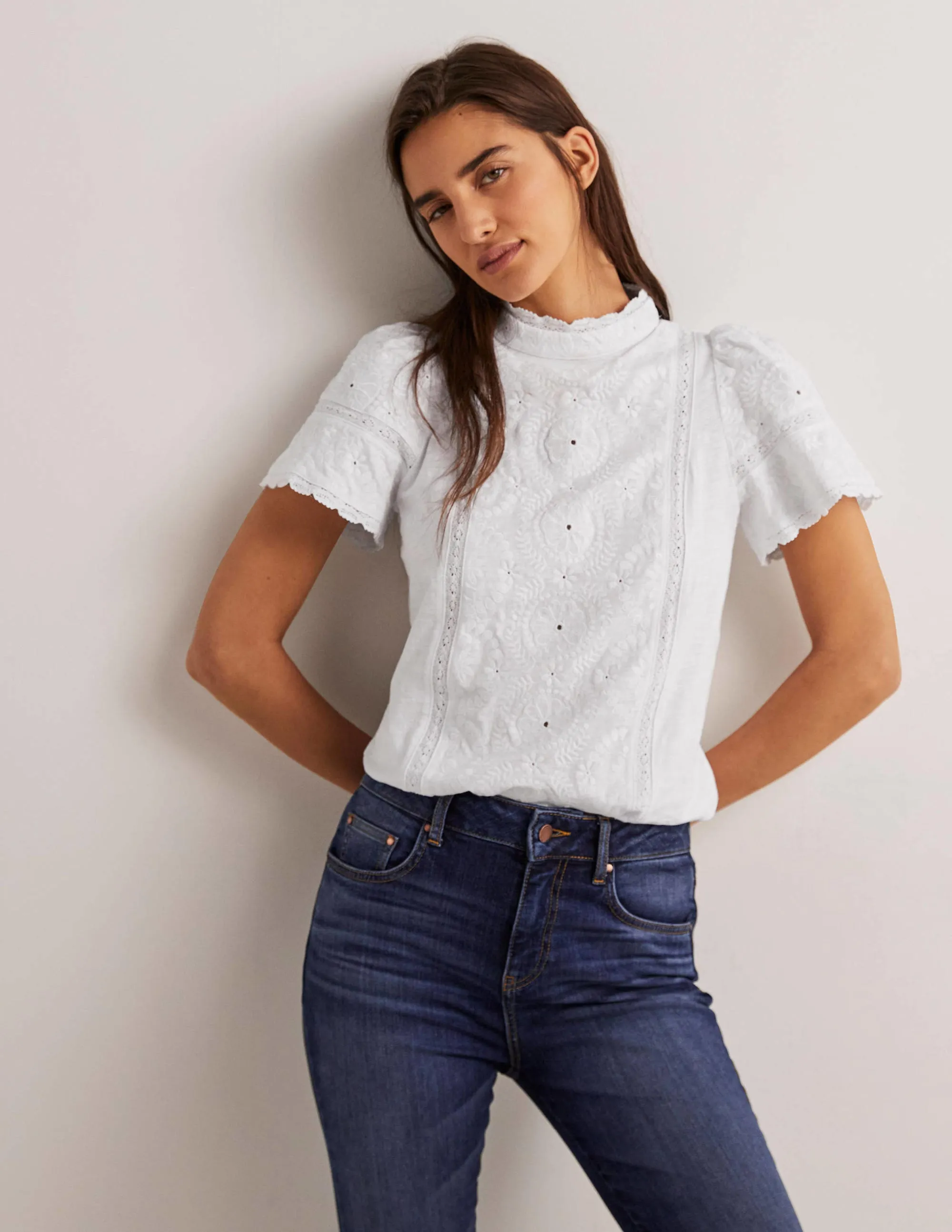Broderie High Neck Jersey Top-White