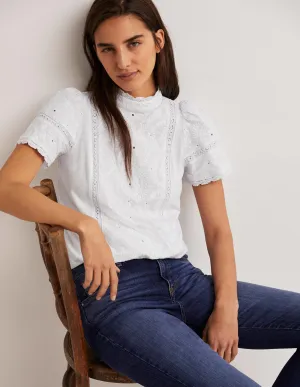 Broderie High Neck Jersey Top-White