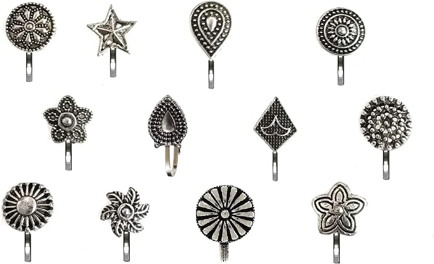 Fashions Without Piercing Nosering Pressing Type Clip On Oxidised Silver Nose Pin Stud For Women (Oxidised Nose Pin) (1.5cm, Black Silver)