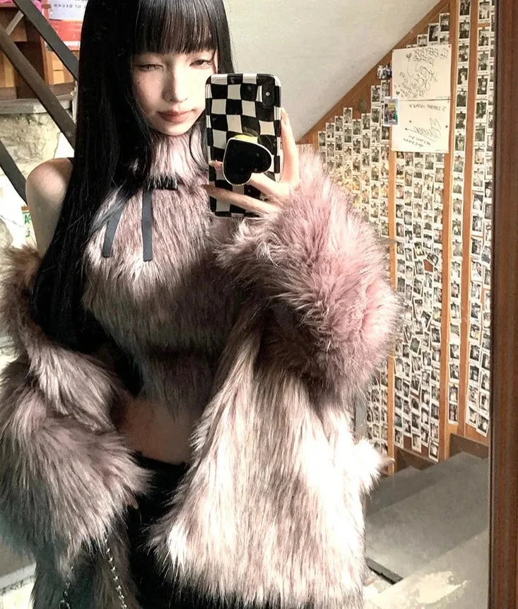 Faux Fur High Collar Sleeveless Camisole Tank Top