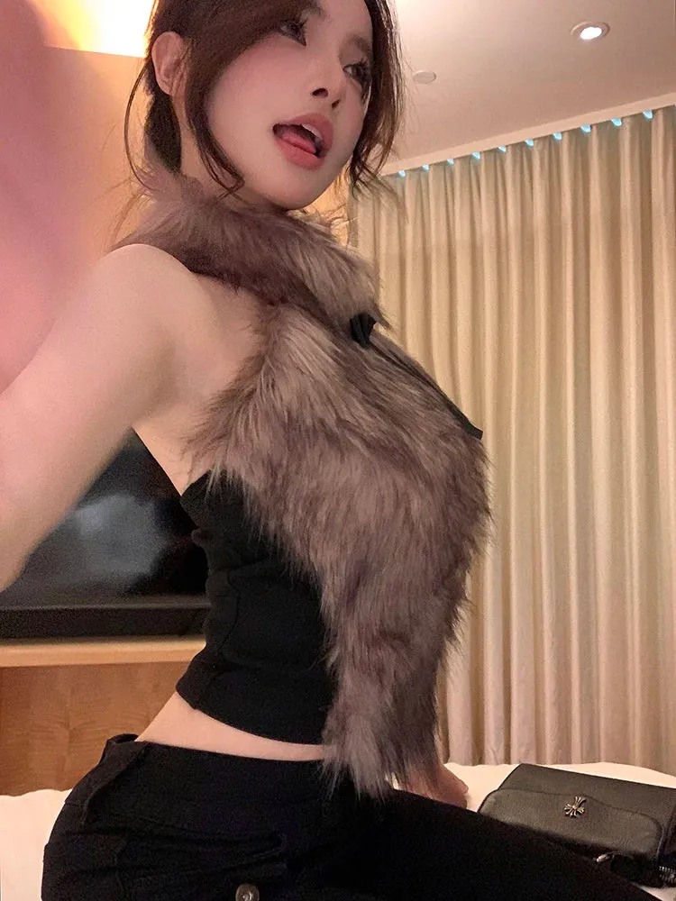 Faux Fur High Collar Sleeveless Camisole Tank Top