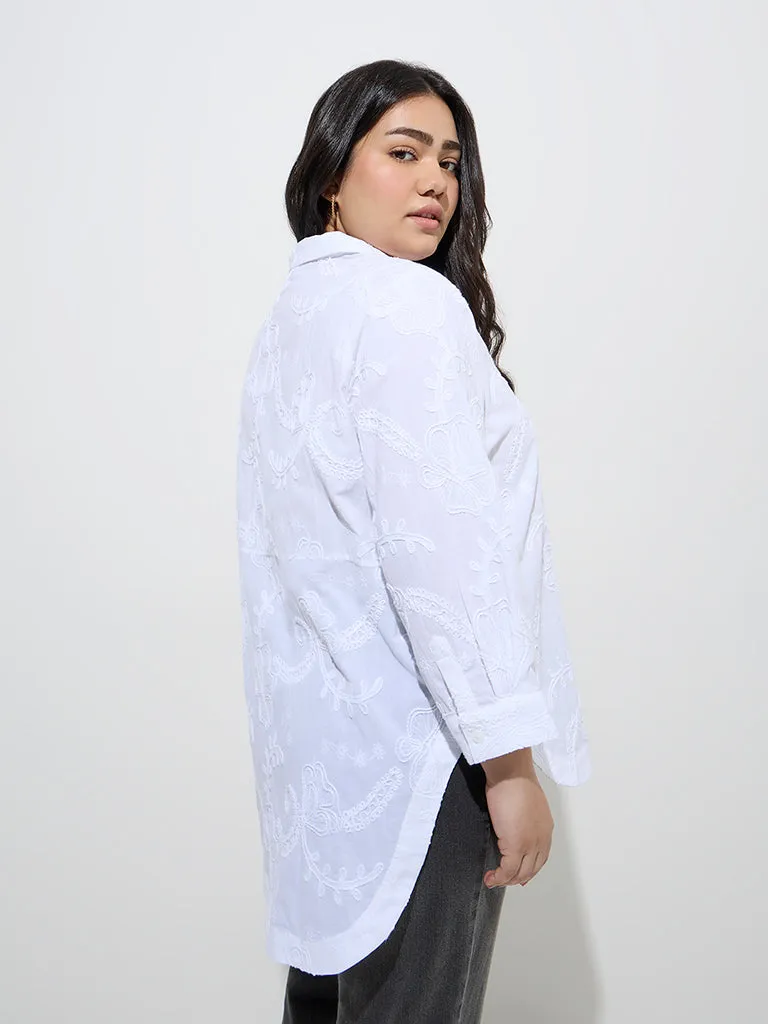 Gia White Floral Embroidered Cotton High-Low Shirt