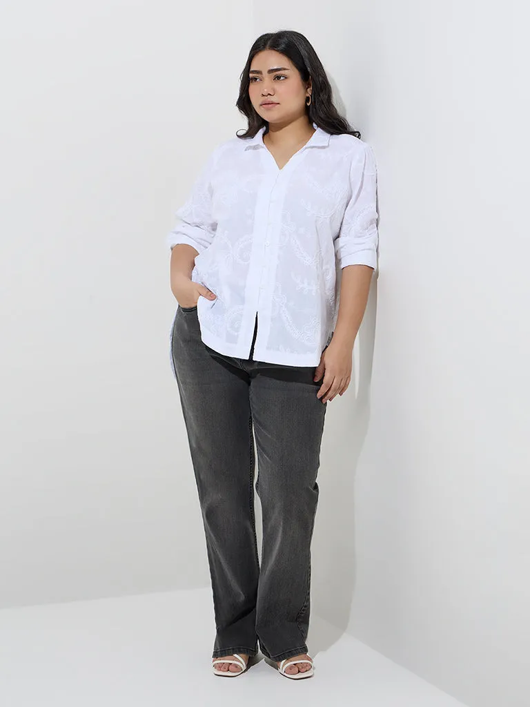 Gia White Floral Embroidered Cotton High-Low Shirt