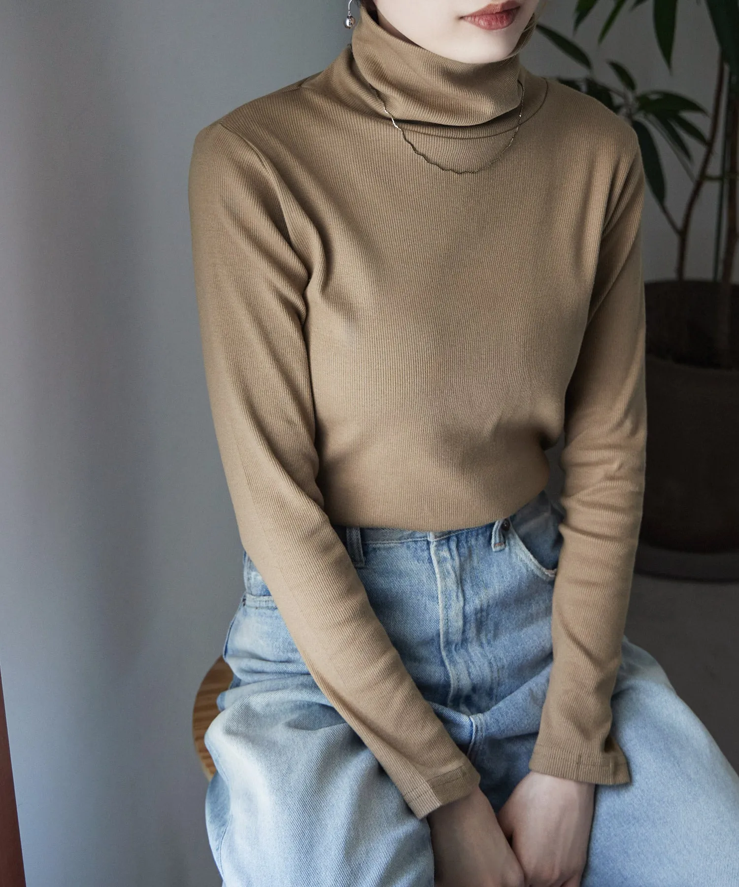 High-neck cotton rib tops