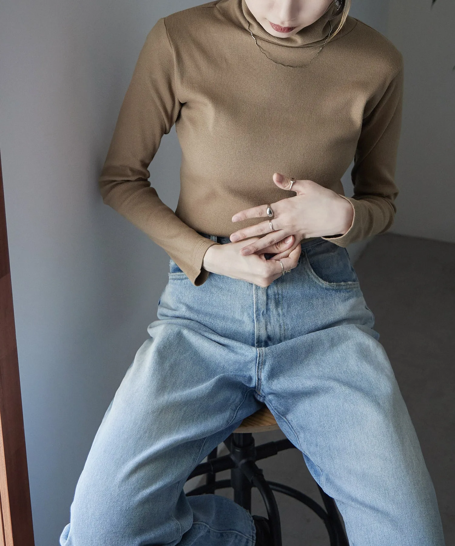 High-neck cotton rib tops