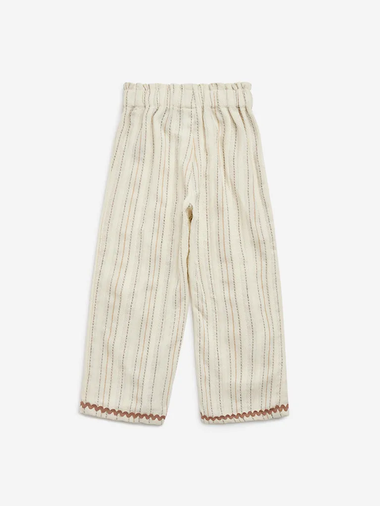 HOP Kids Beige Stripe Printed High-Rise Cotton-Blend Pants