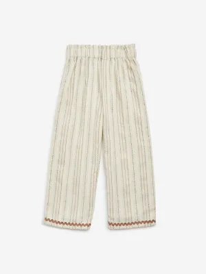 HOP Kids Beige Stripe Printed High-Rise Cotton-Blend Pants
