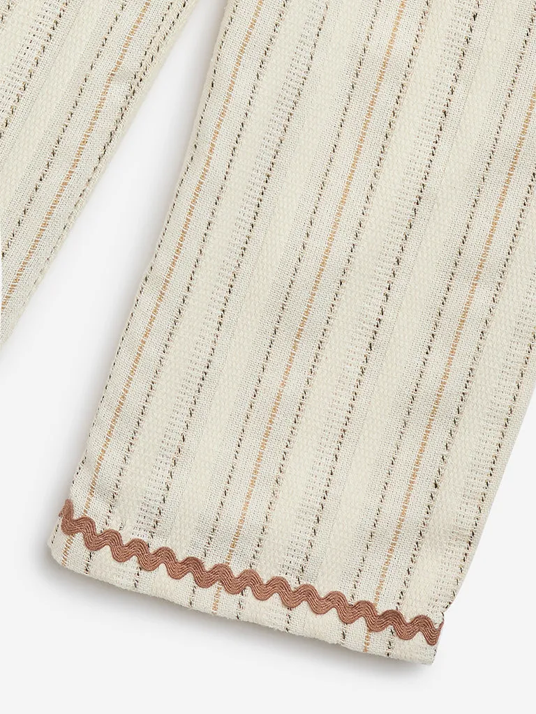 HOP Kids Beige Stripe Printed High-Rise Cotton-Blend Pants