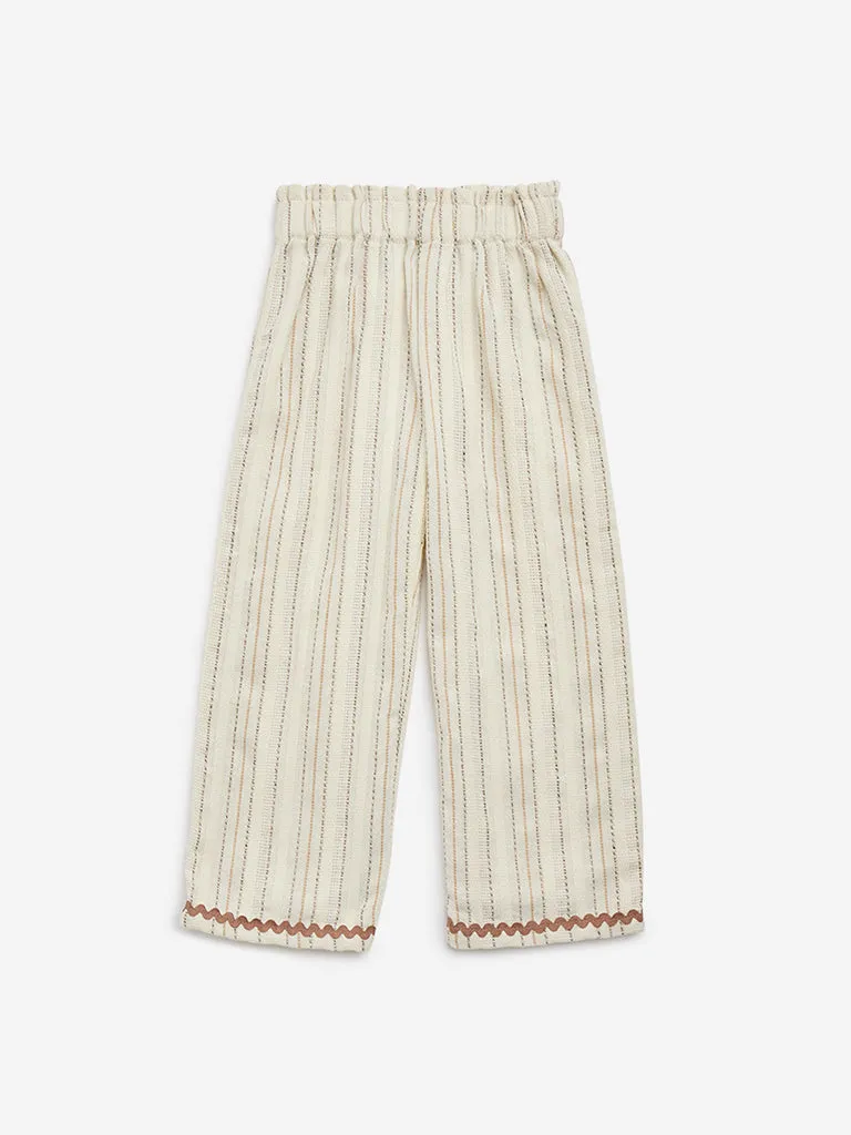 HOP Kids Beige Stripe Printed High-Rise Cotton-Blend Pants