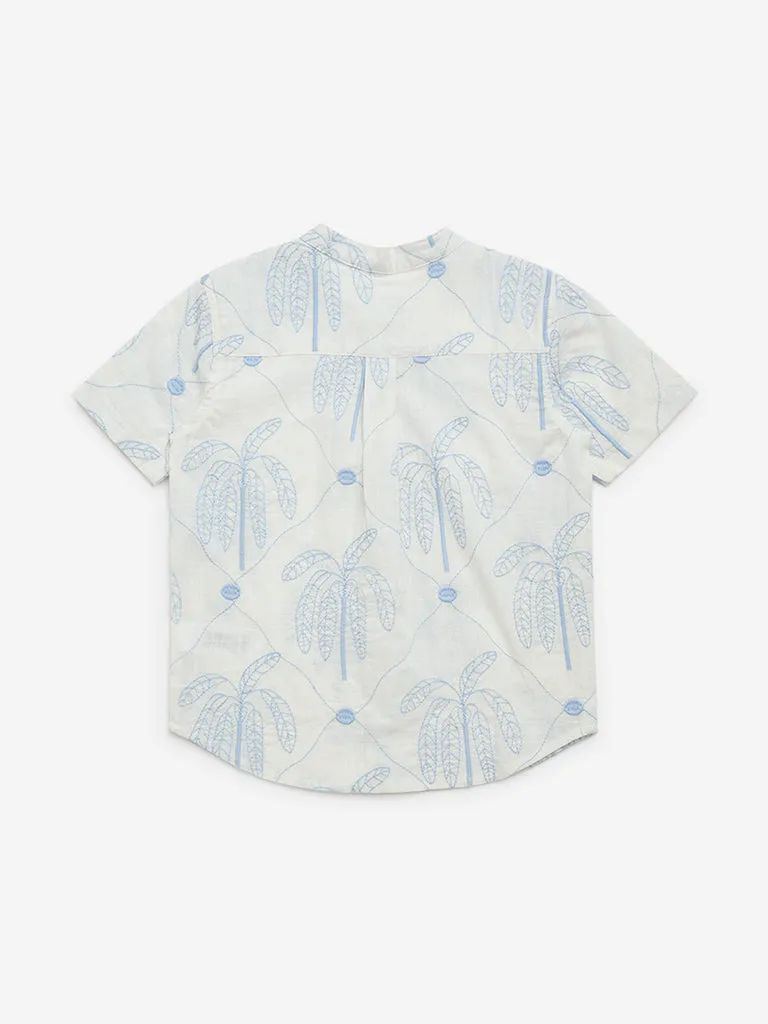 HOP Kids White Foliage Embroidered Cotton Shirt
