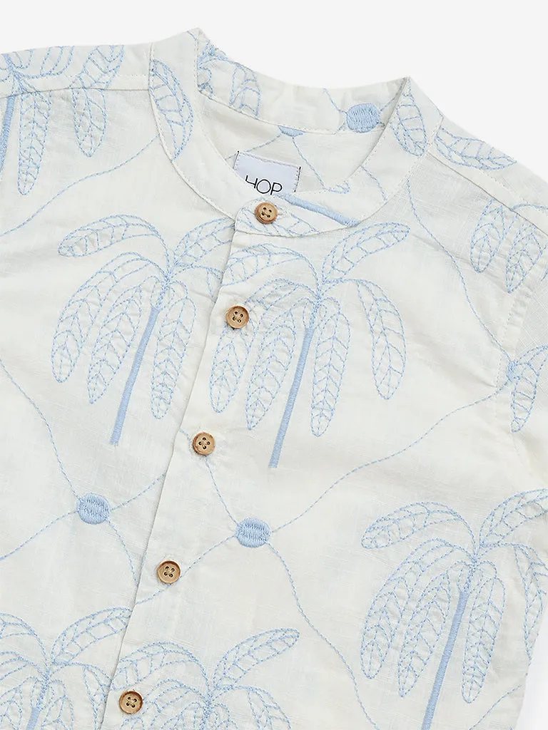HOP Kids White Foliage Embroidered Cotton Shirt