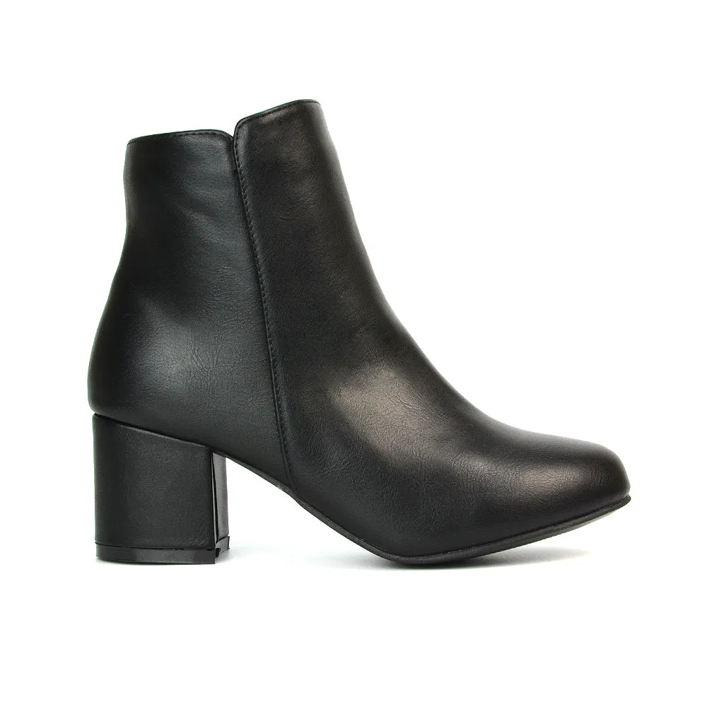 Jade Mid Block Heel Winter Zip Up Heeled Women Ankle Boots in Black Synthetic Leather