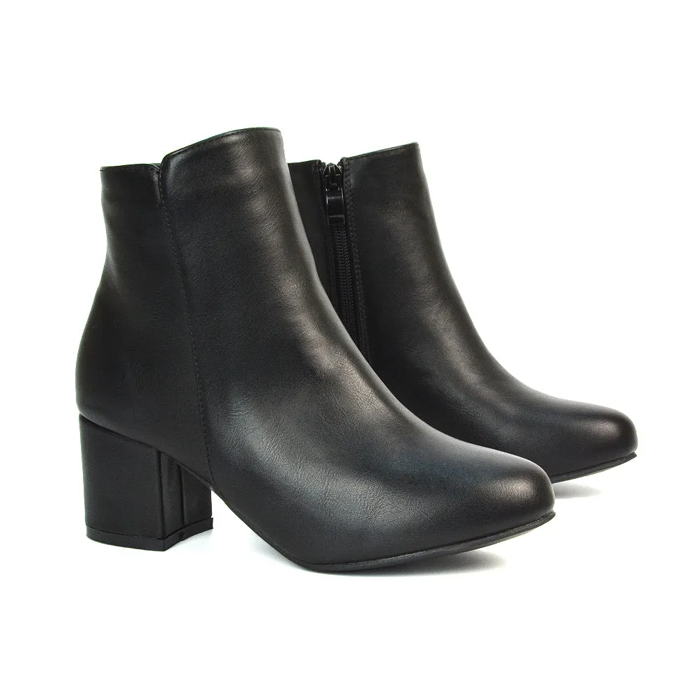 Jade Mid Block Heel Winter Zip Up Heeled Women Ankle Boots in Black Synthetic Leather