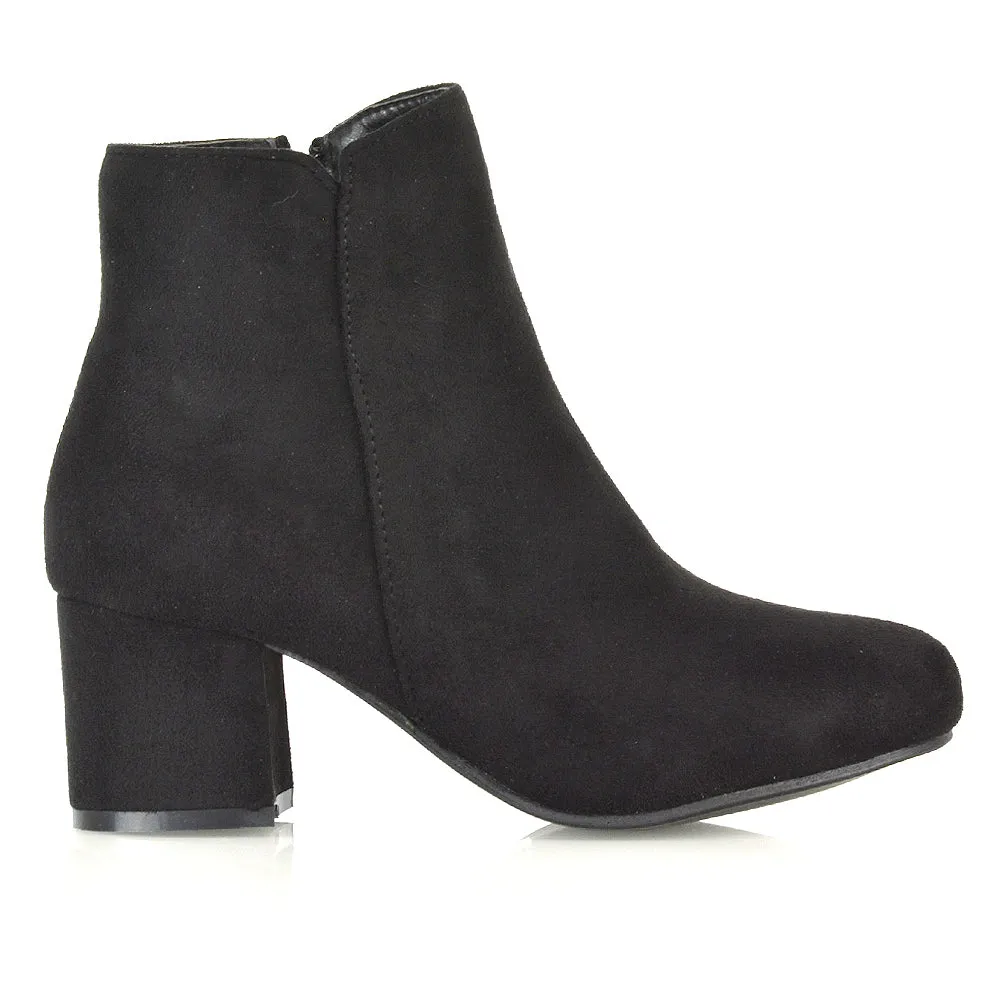 Jade Mid Block Heel Winter Zip Up Heeled Women Ankle Boots in Black Synthetic Leather