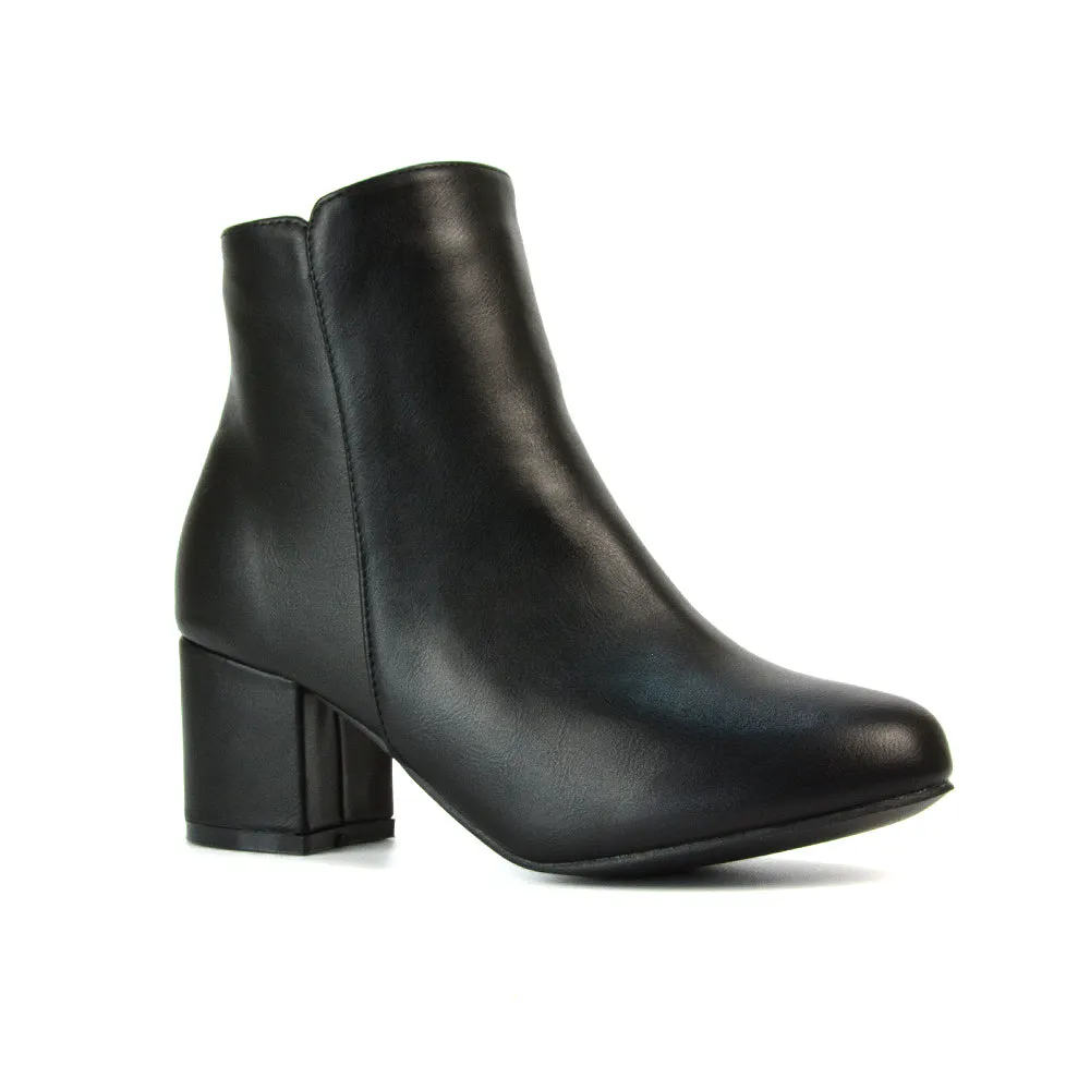 Jade Mid Block Heel Winter Zip Up Heeled Women Ankle Boots in Black Synthetic Leather