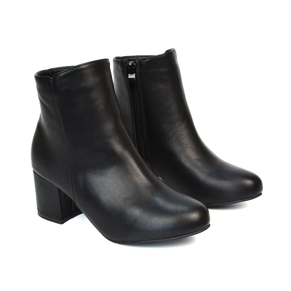 Jade Mid Block Heel Winter Zip Up Heeled Women Ankle Boots in Black Synthetic Leather