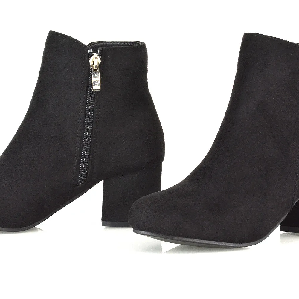 Jade Mid Block Heel Winter Zip Up Heeled Women Ankle Boots in Black Synthetic Leather