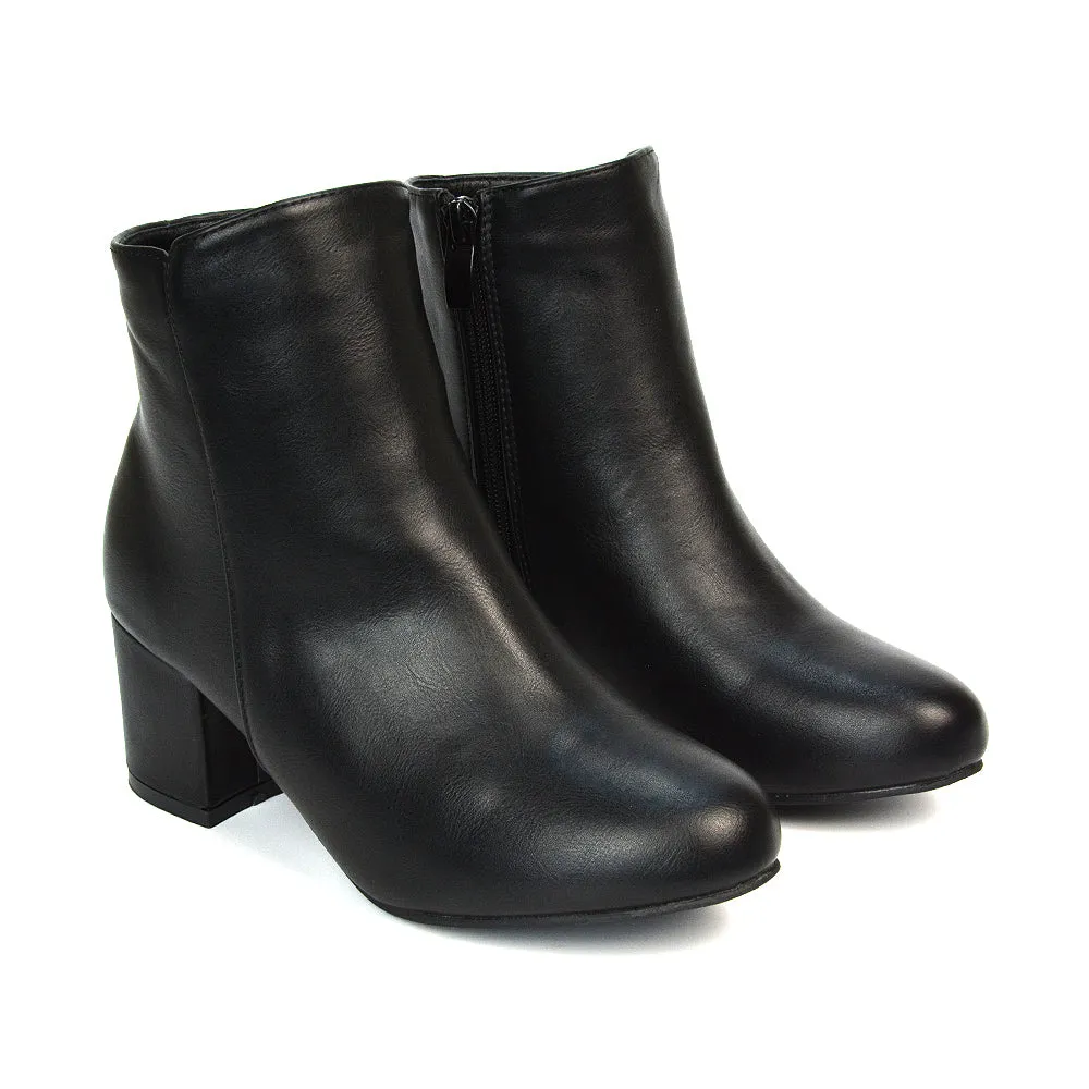 Jade Mid Block Heel Winter Zip Up Heeled Women Ankle Boots in Black Synthetic Leather