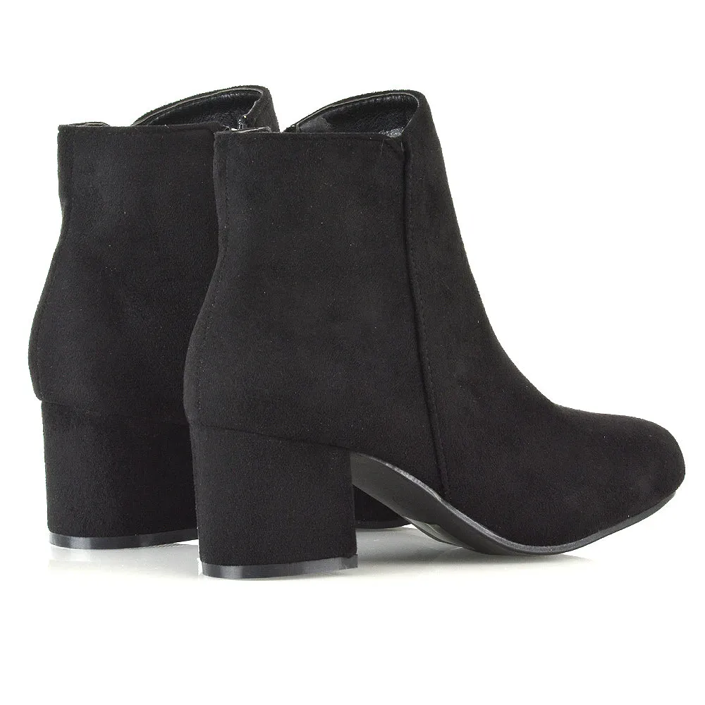 Jade Mid Block Heel Winter Zip Up Heeled Women Ankle Boots in Black Synthetic Leather