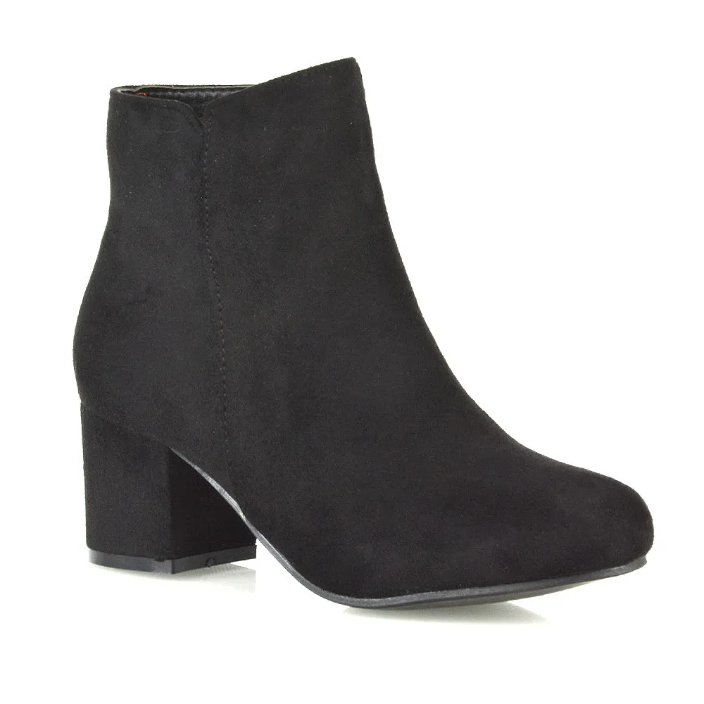 Jade Mid Block Heel Winter Zip Up Heeled Women Ankle Boots in Black Synthetic Leather