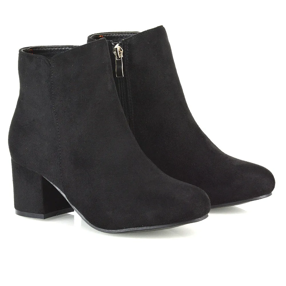 Jade Mid Block Heel Winter Zip Up Heeled Women Ankle Boots in Black Synthetic Leather