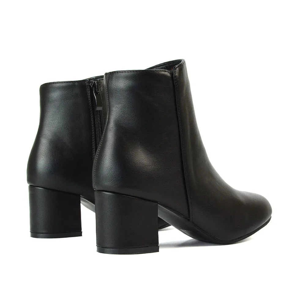 Jade Mid Block Heel Winter Zip Up Heeled Women Ankle Boots in Black Synthetic Leather