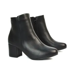 Jade Mid Block Heel Winter Zip Up Heeled Women Ankle Boots in Black Synthetic Leather