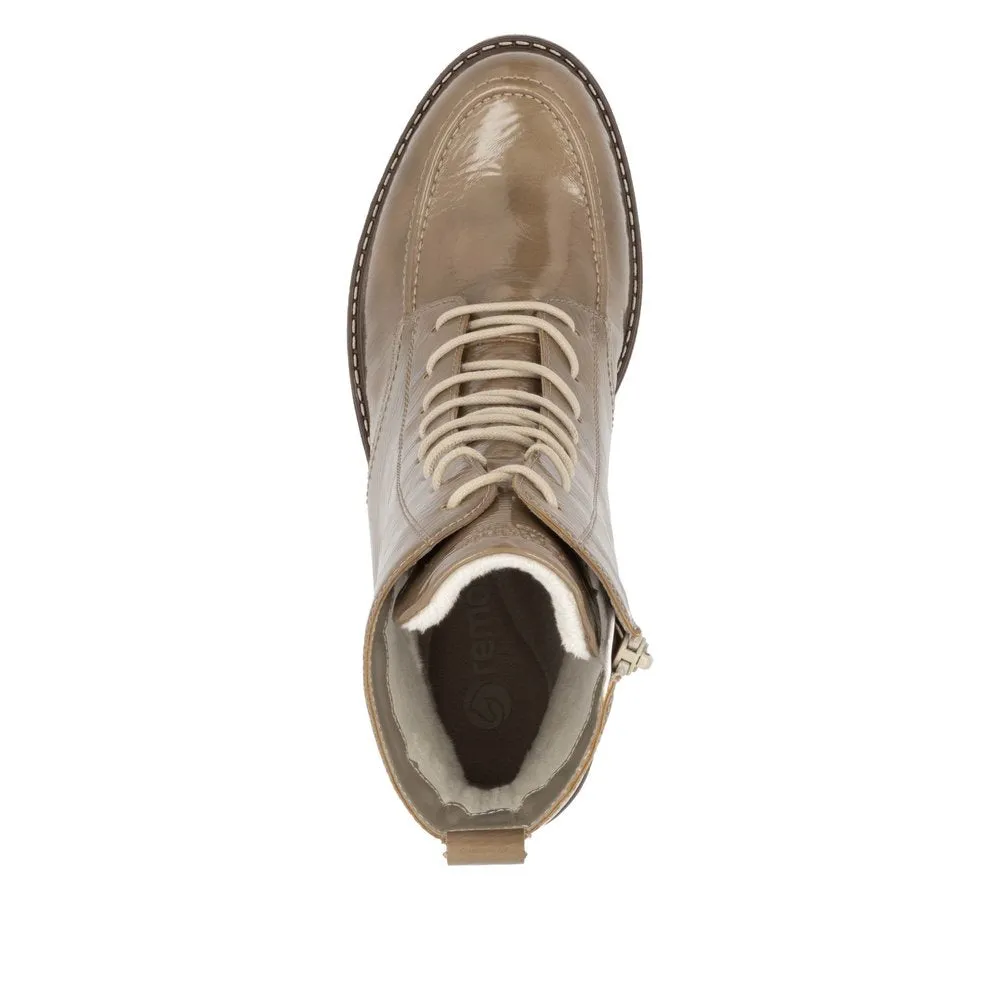Ladies Remonte Boots Taupe Patent Chunky Military Style D1A77-64 sale