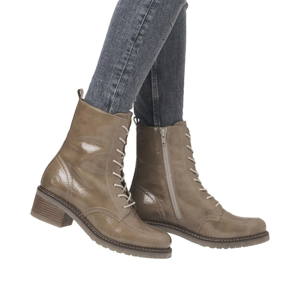 Ladies Remonte Boots Taupe Patent Chunky Military Style D1A77-64 sale