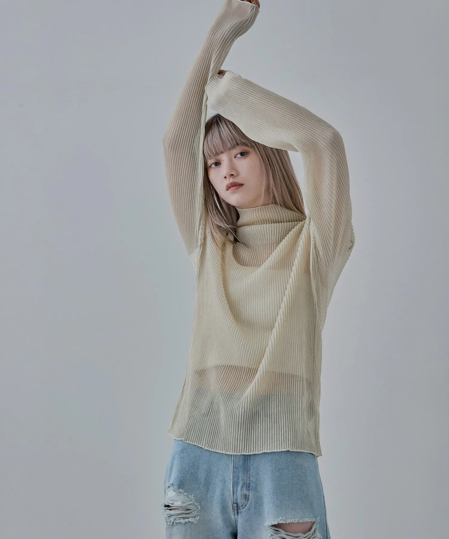 Lame sheer pleats high-neck tops
