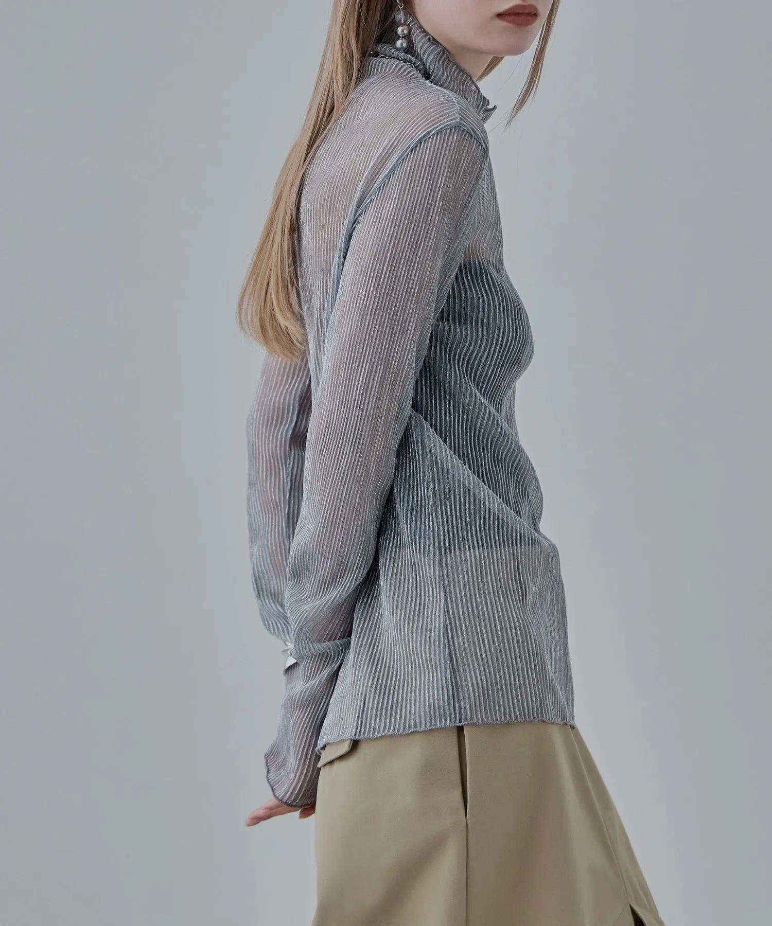 Lame sheer pleats high-neck tops