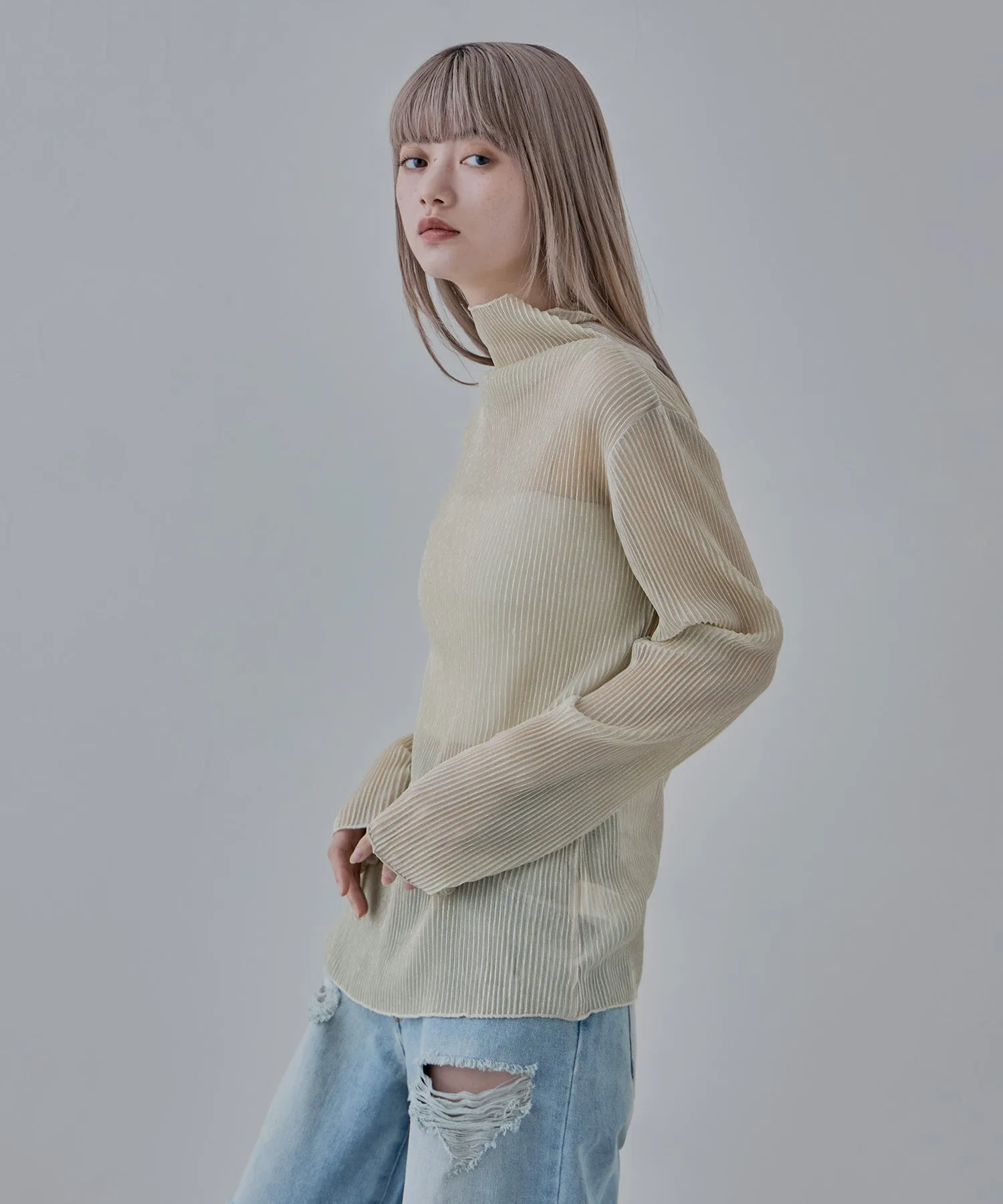 Lame sheer pleats high-neck tops