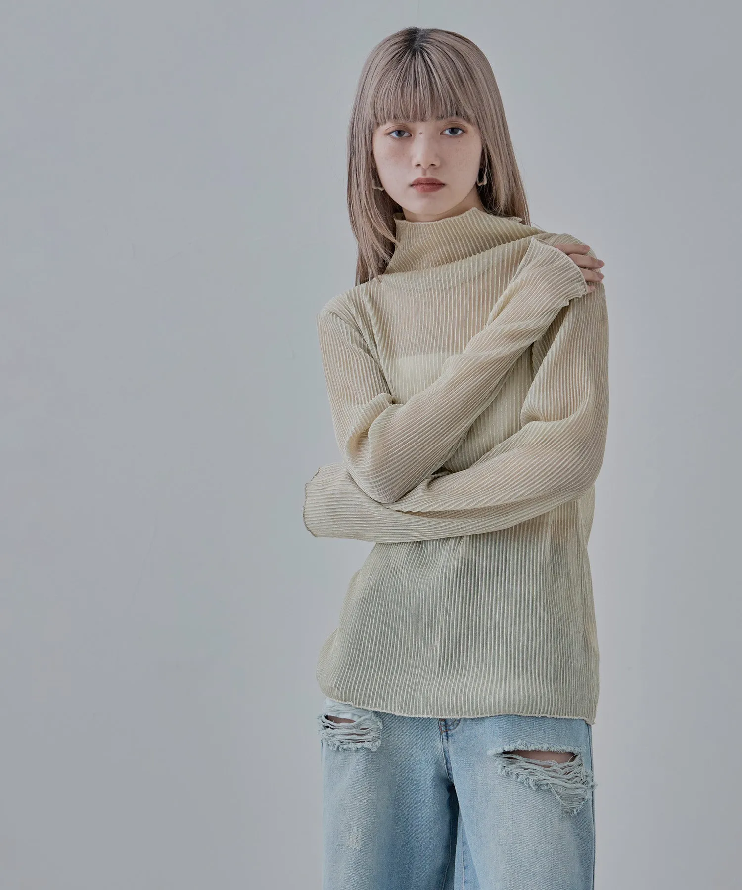 Lame sheer pleats high-neck tops