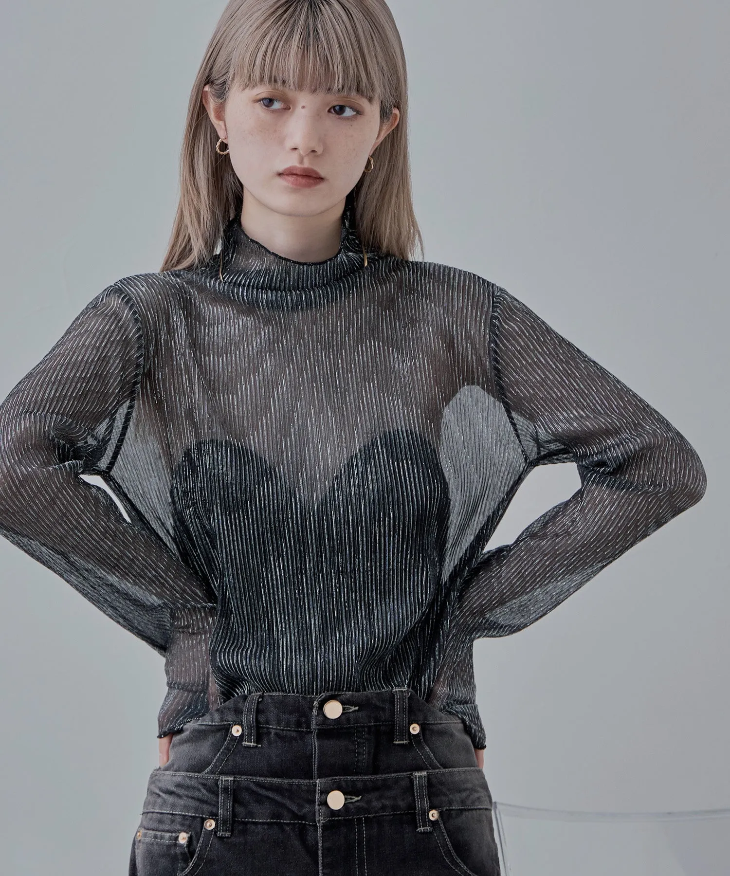 Lame sheer pleats high-neck tops