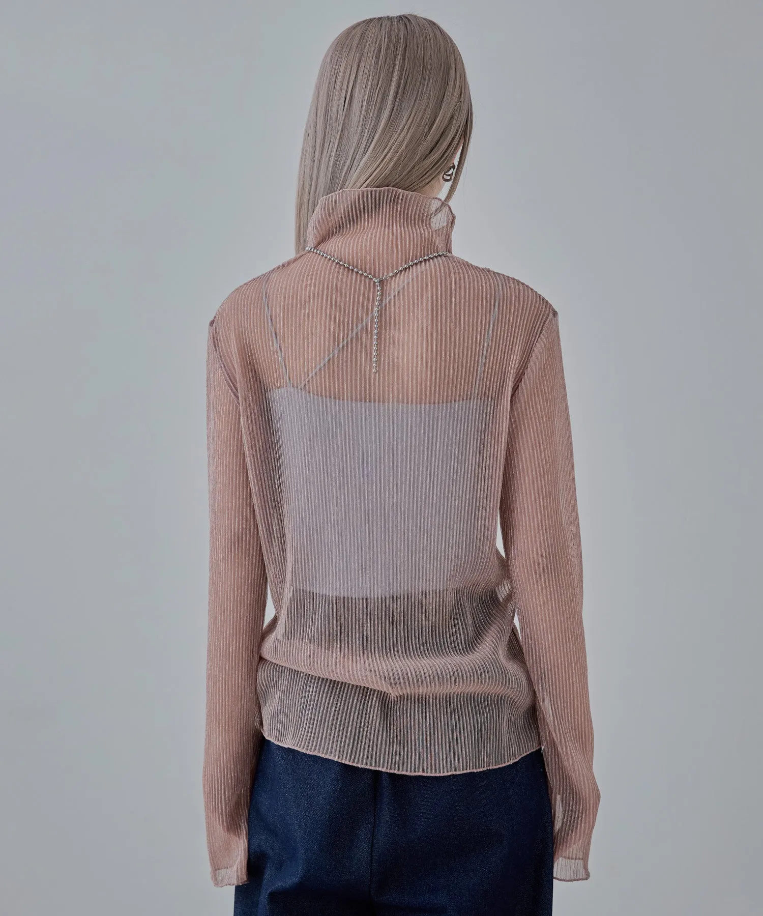 Lame sheer pleats high-neck tops
