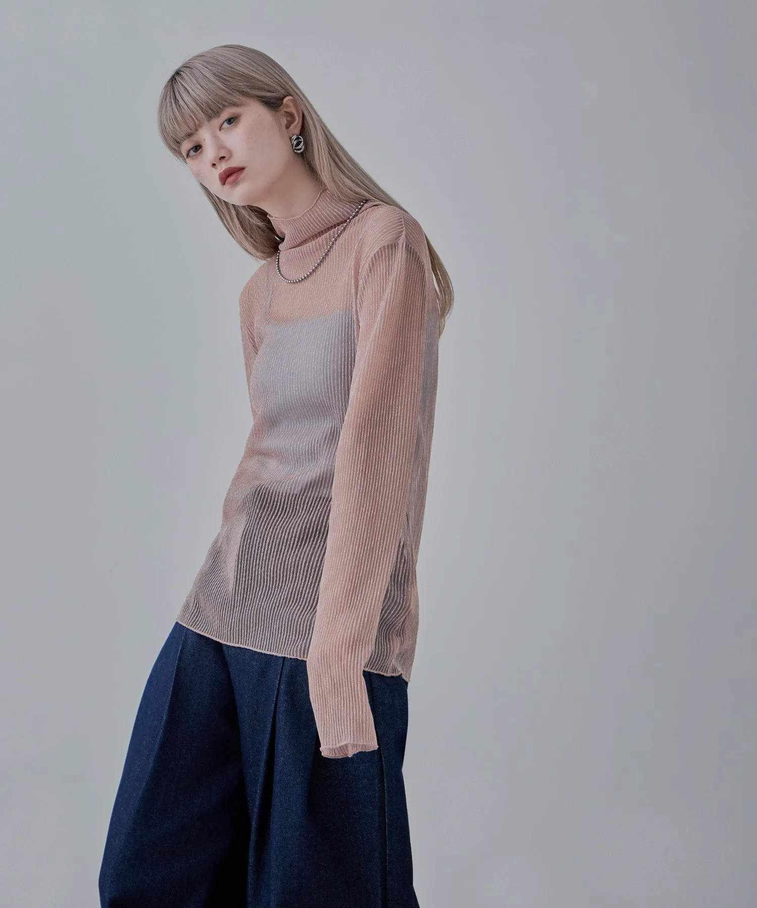 Lame sheer pleats high-neck tops