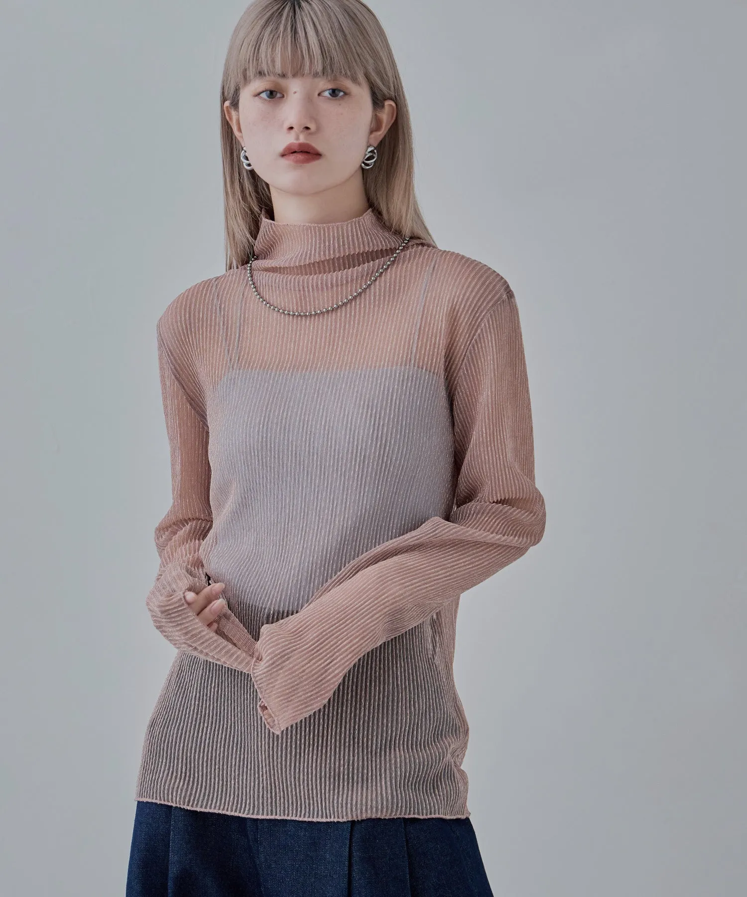 Lame sheer pleats high-neck tops