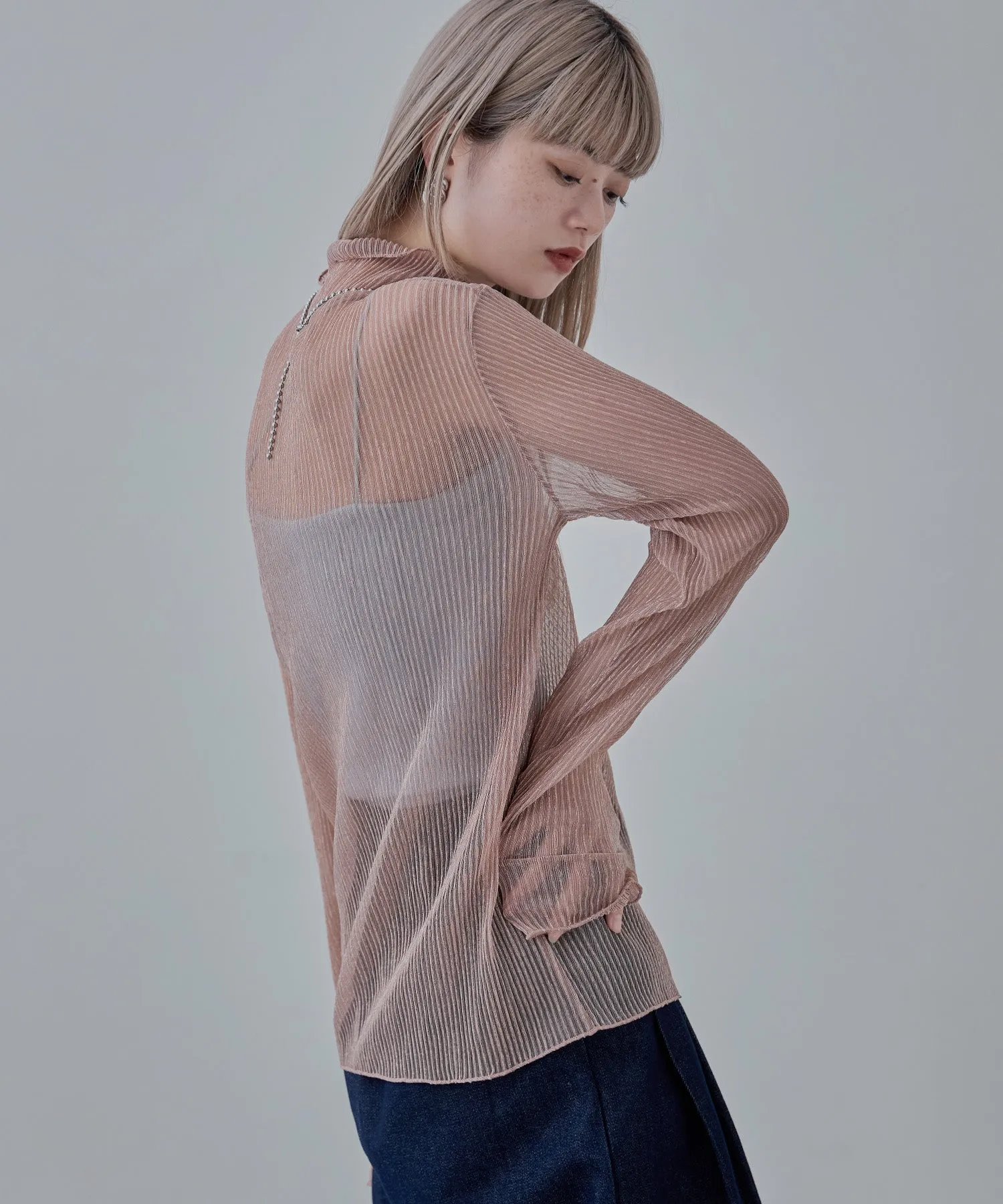Lame sheer pleats high-neck tops