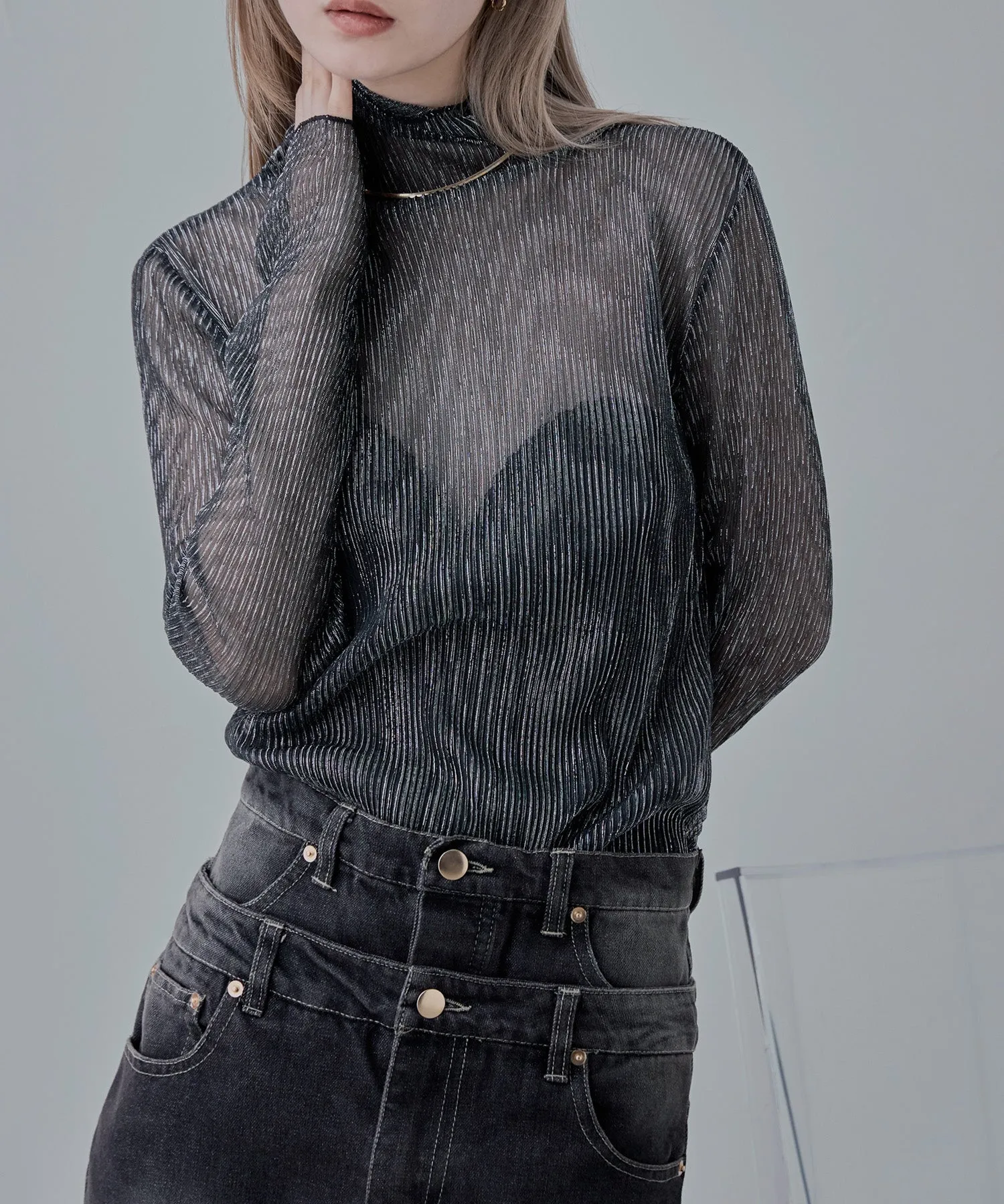Lame sheer pleats high-neck tops