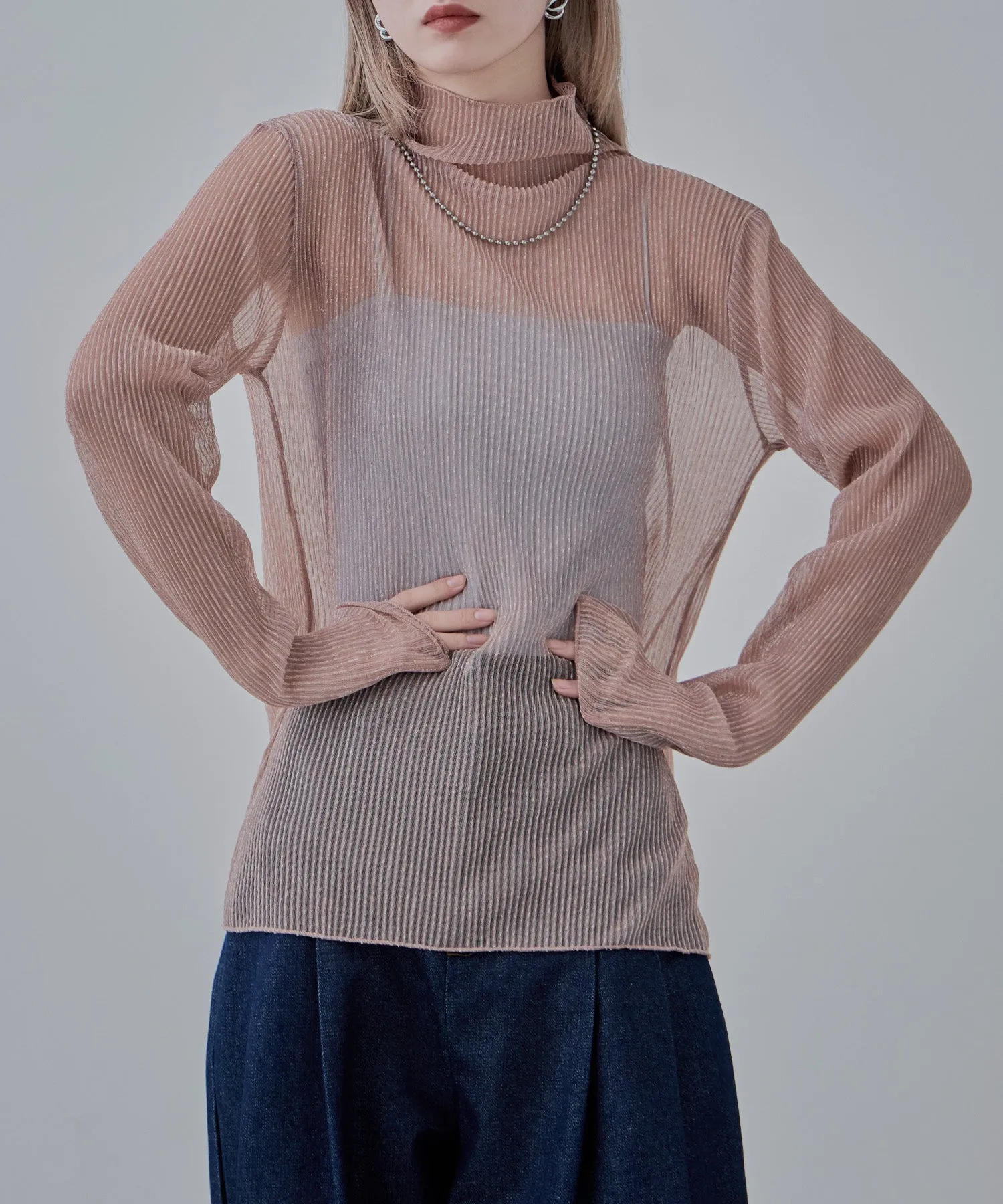 Lame sheer pleats high-neck tops