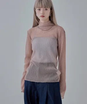 Lame sheer pleats high-neck tops