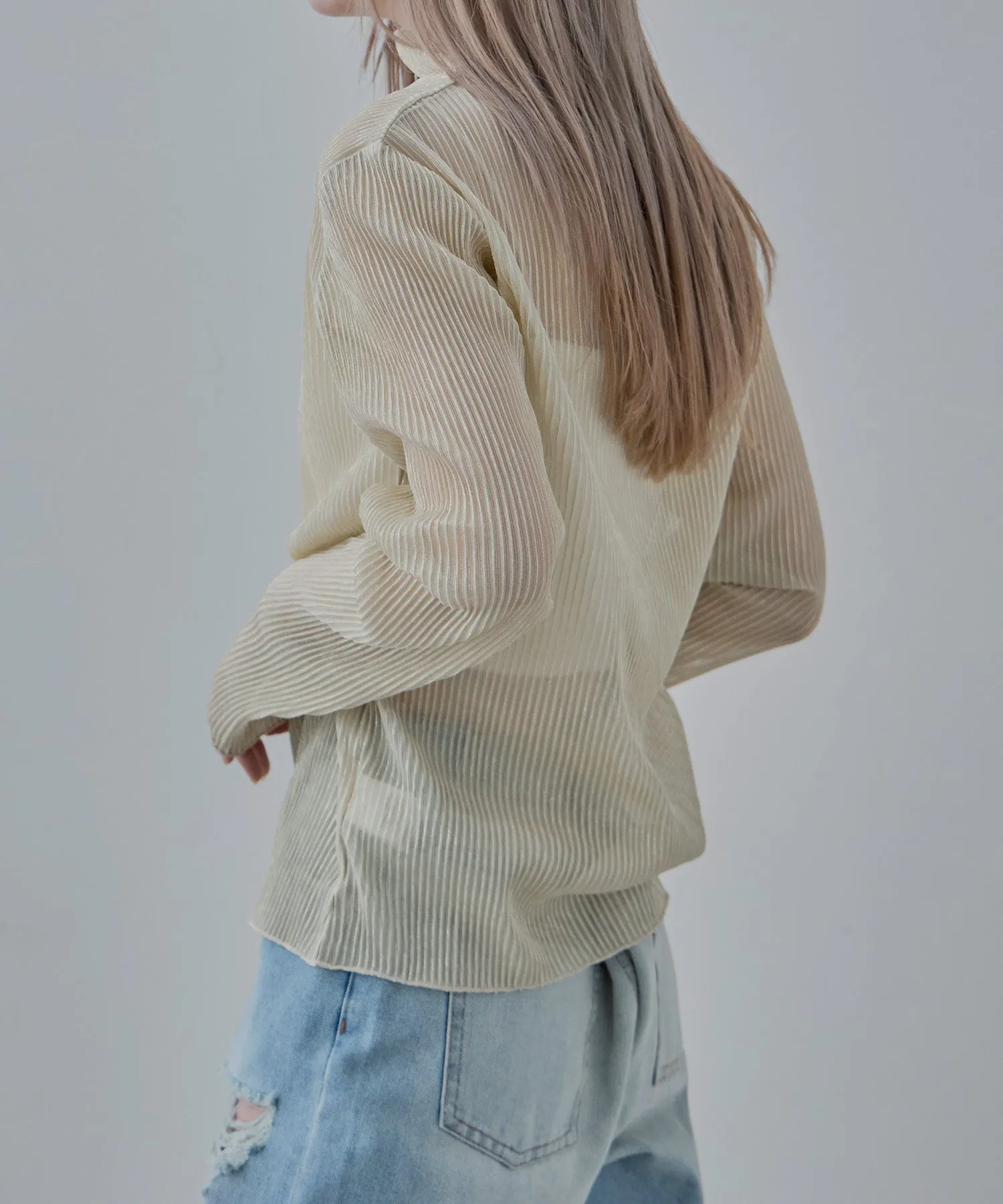 Lame sheer pleats high-neck tops