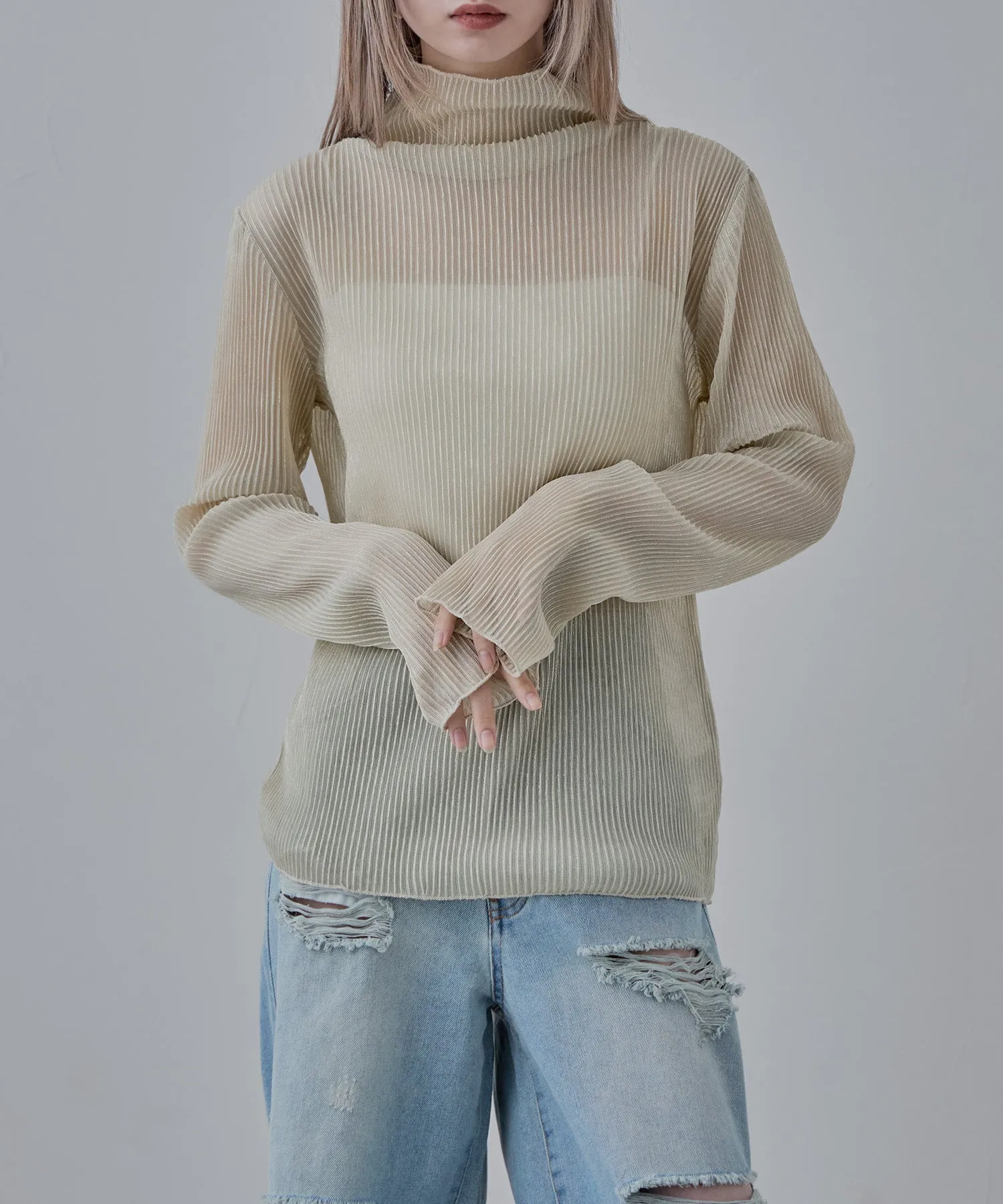 Lame sheer pleats high-neck tops