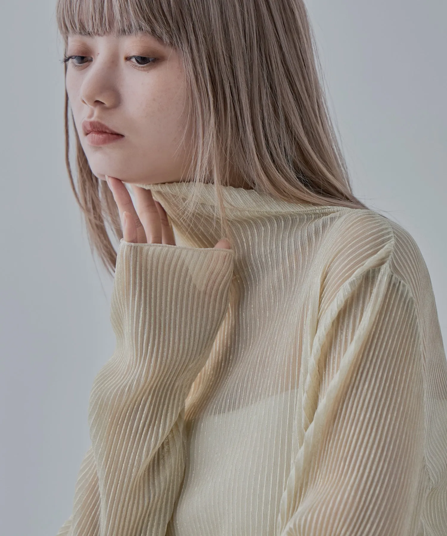 Lame sheer pleats high-neck tops