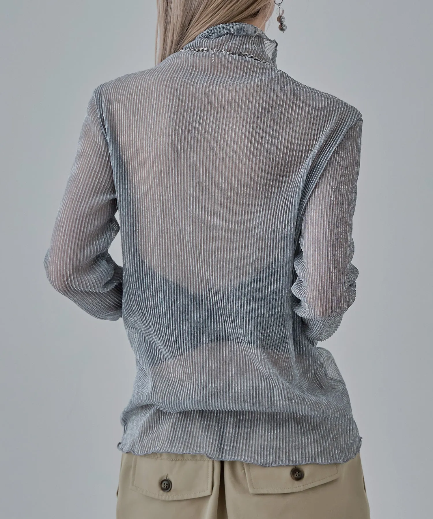 Lame sheer pleats high-neck tops