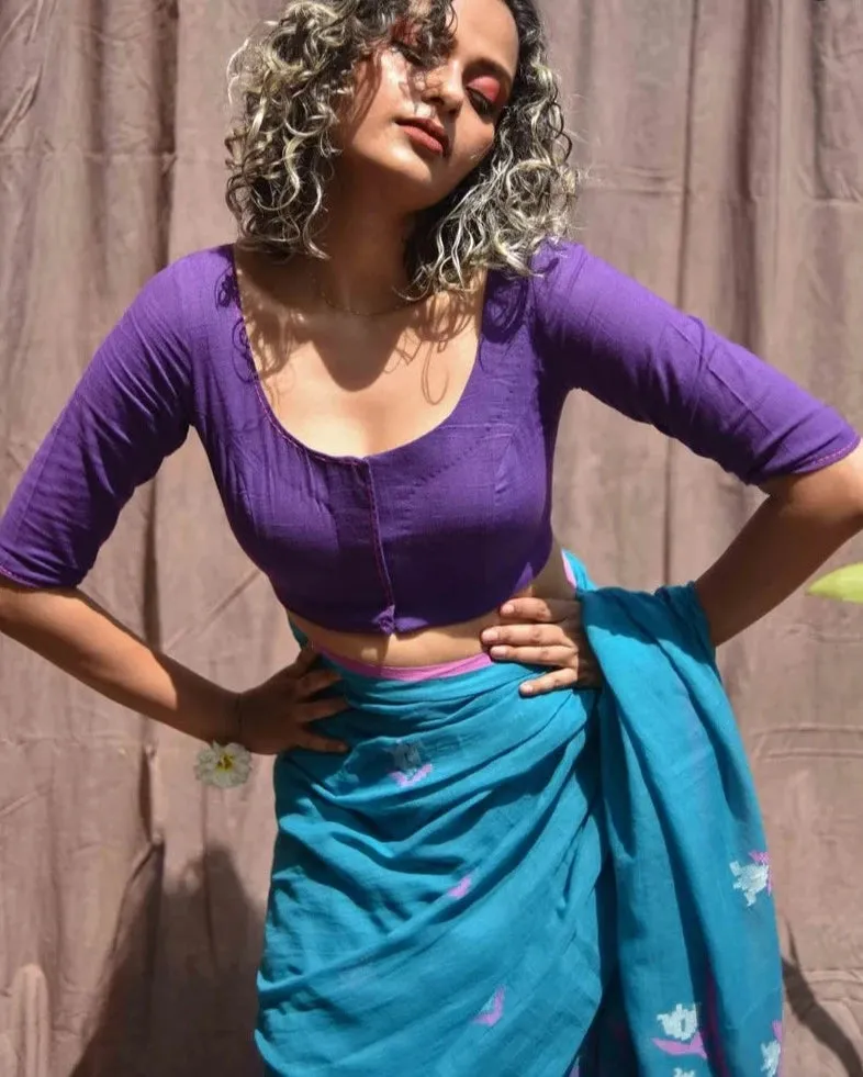 Readymade Purple Cotton Blouse With Hand Embroidery
